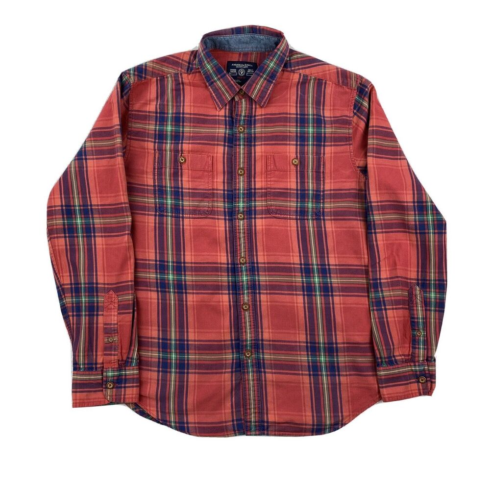 American Eagle Shirt Mens Large Red Plaid Flannel Prep Fit Classic Preppy Top